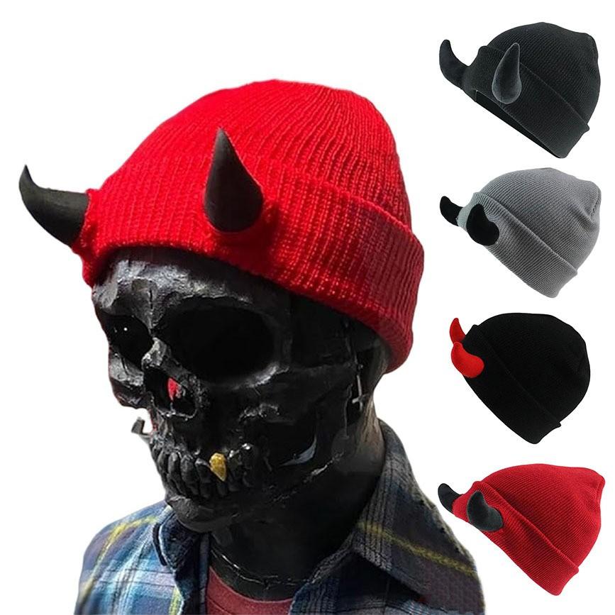Unisex Reversible Knit Beanie Skull Cap - 1 Pack Soft Stretch Acrylic Warm Winter Headwear with 3D Devil Horns, Multi Color Options, Streetwear Style, Ideal for Halloween Cosplay, Outdoor Skiing
