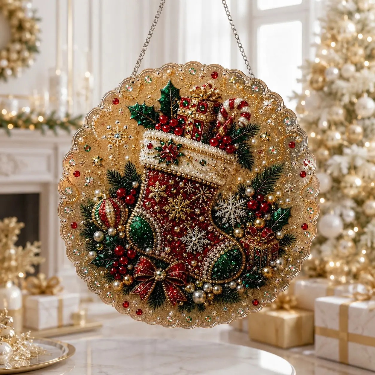 Christmas Stocking DIY Diamond Art Suncatcher, Pearl Bead Painting Ornament, Xmas Home Party Decor, Handmade Gift for Adults Beginners