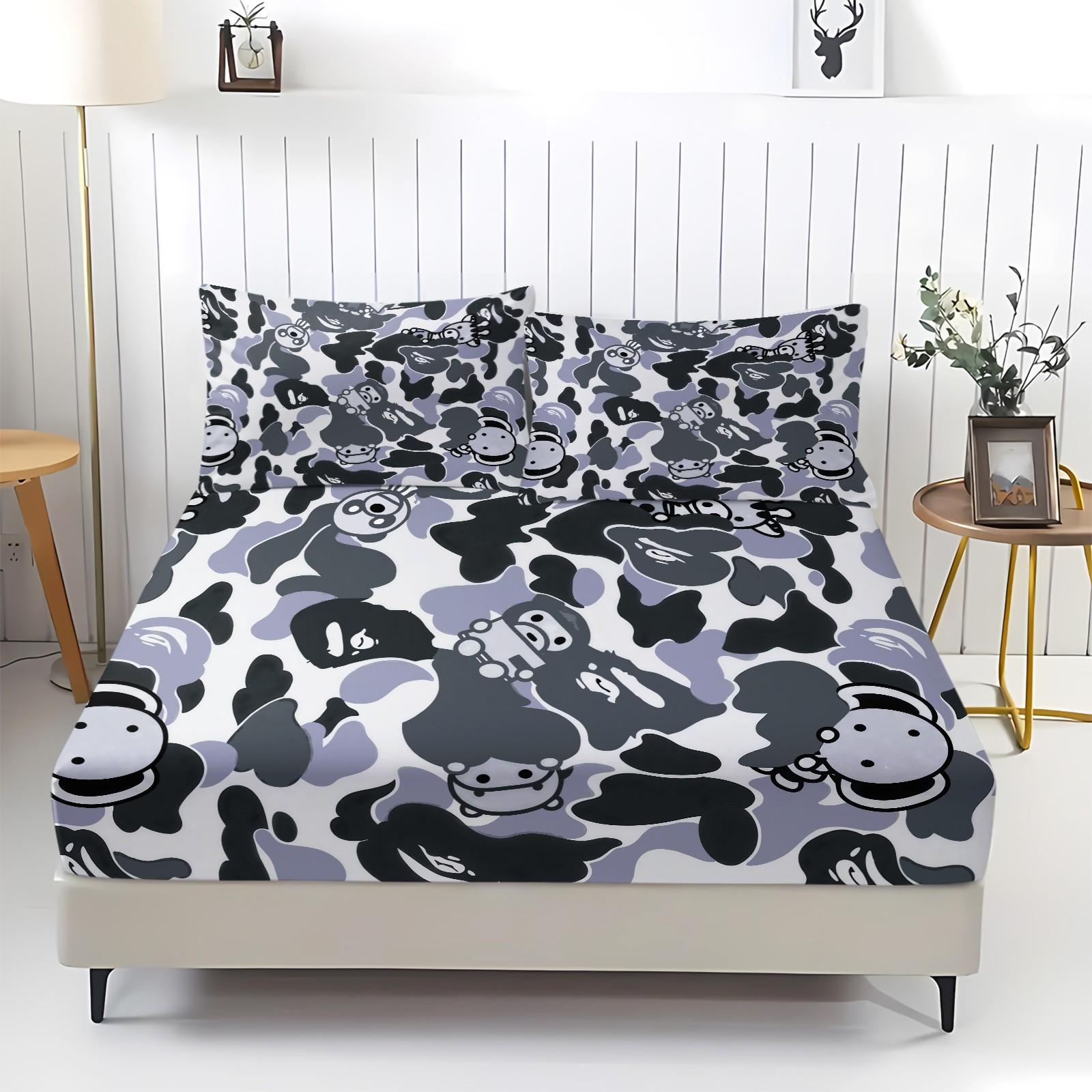 3PCS Cartoon Camo Anime Fitted Sheet Set, Trendy Personalized Bedroom Decor, Elastic Edge for Mattress Wrap, Ideal Housewarming Christmas Birthday Gift for Trendsetters