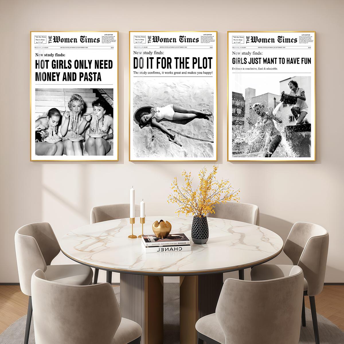 3 Counts Aluminum Alloy Framed Painting, Vintage Women Newspaper Poster Set, Home Decoration For Living Room, Bedroom, Office, Restaurant, Hallway Wall Decor, Odorless Print Artwork, Luxury Perfect Gift For Friends And Family