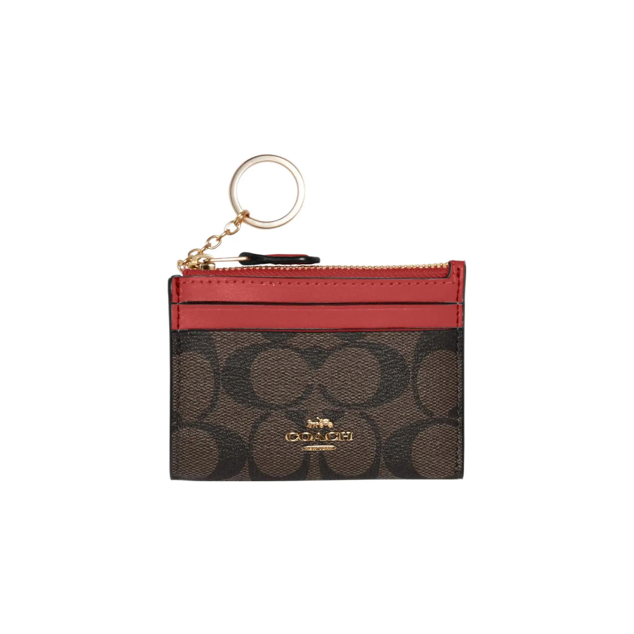 COACH Skinny ID Case with Zip Closure – Women’s Mini Cardholder in Red and Brown Coated Canvas with Leather
