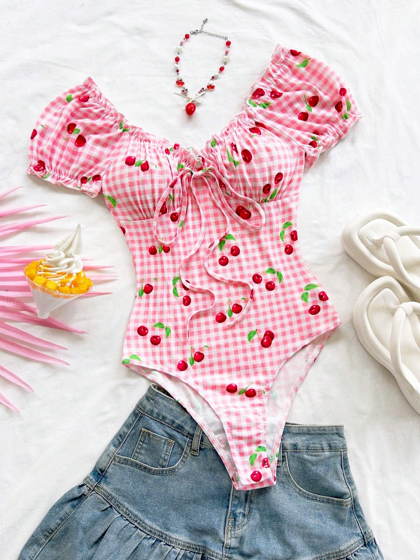 Sweet Spicy Cherry Plaid Romper, Bubble Sleeve V Neck Tie Waist Slim Fit Top, Single Piece, Chic Stylish and Comfortable Clothing