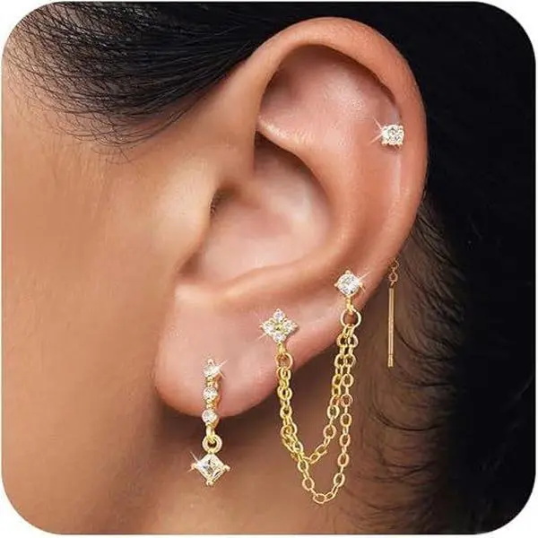 18K Square Chain Earrings Cubic Zirconia Ins Fashion 3-Piece Earring Set for Daily Wear Party Jewelry
