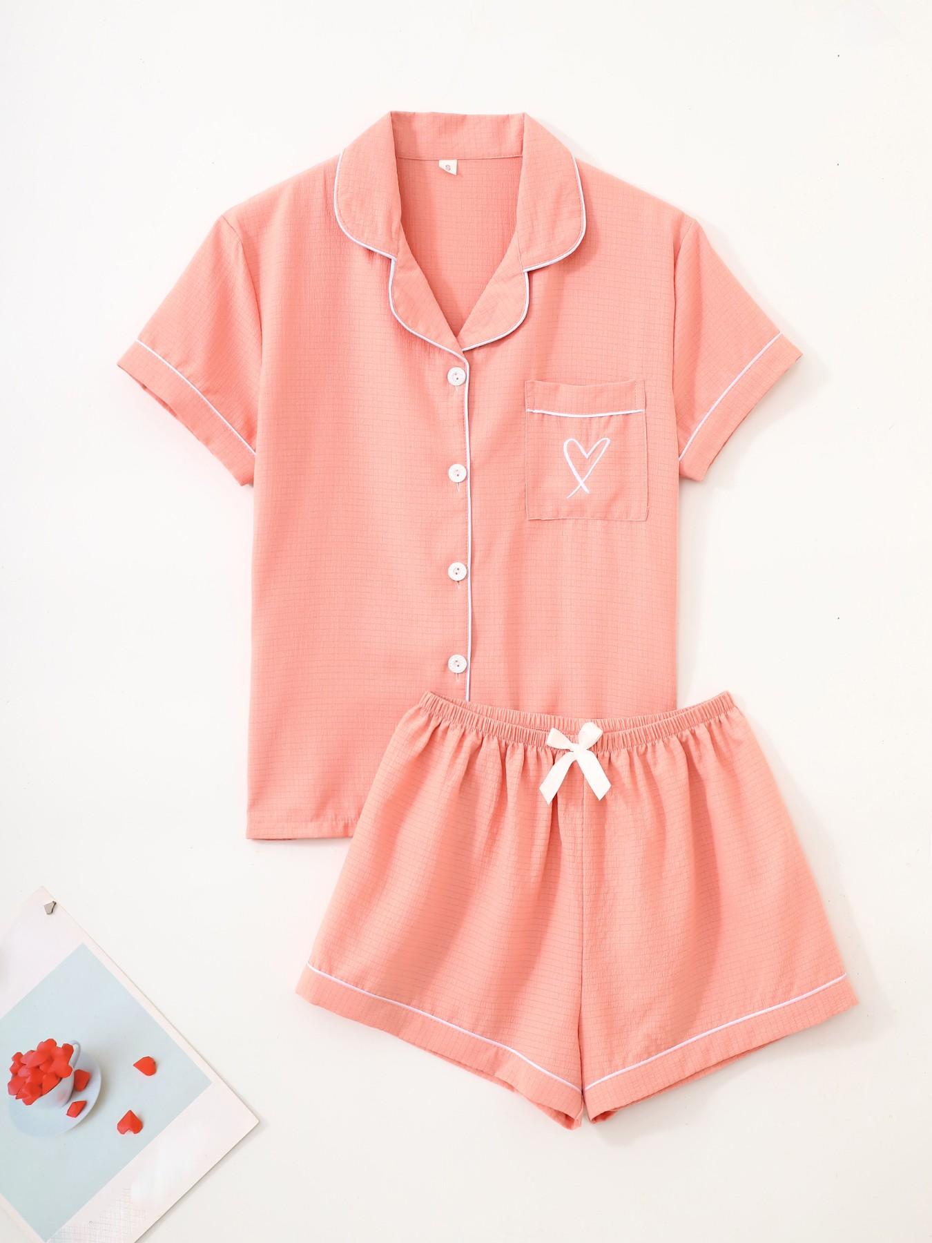 Women's Short Sleeve Button Down Top and Shorts Pajama Set, Spring Summer Wear, For Minimalist Gentle Commuter Girls, Peach Pink With Contrast White Piping, Heart Printing Pocket, Loose Fit, Comfortable For Home & Going Out