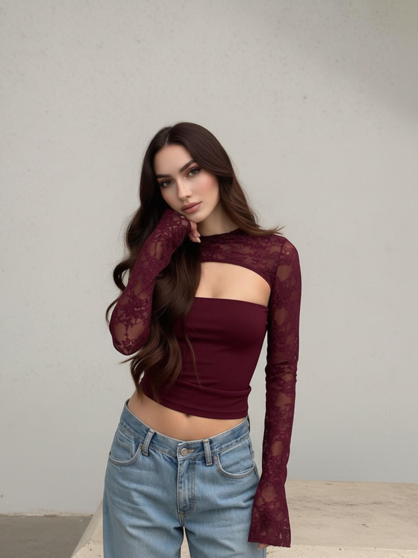 Elegant Lace Hollow Out Flare Sleeve Top, Vintage Slim-Fit Style that Shows an Elegant Look, Perfect for Any Occasion Blouse