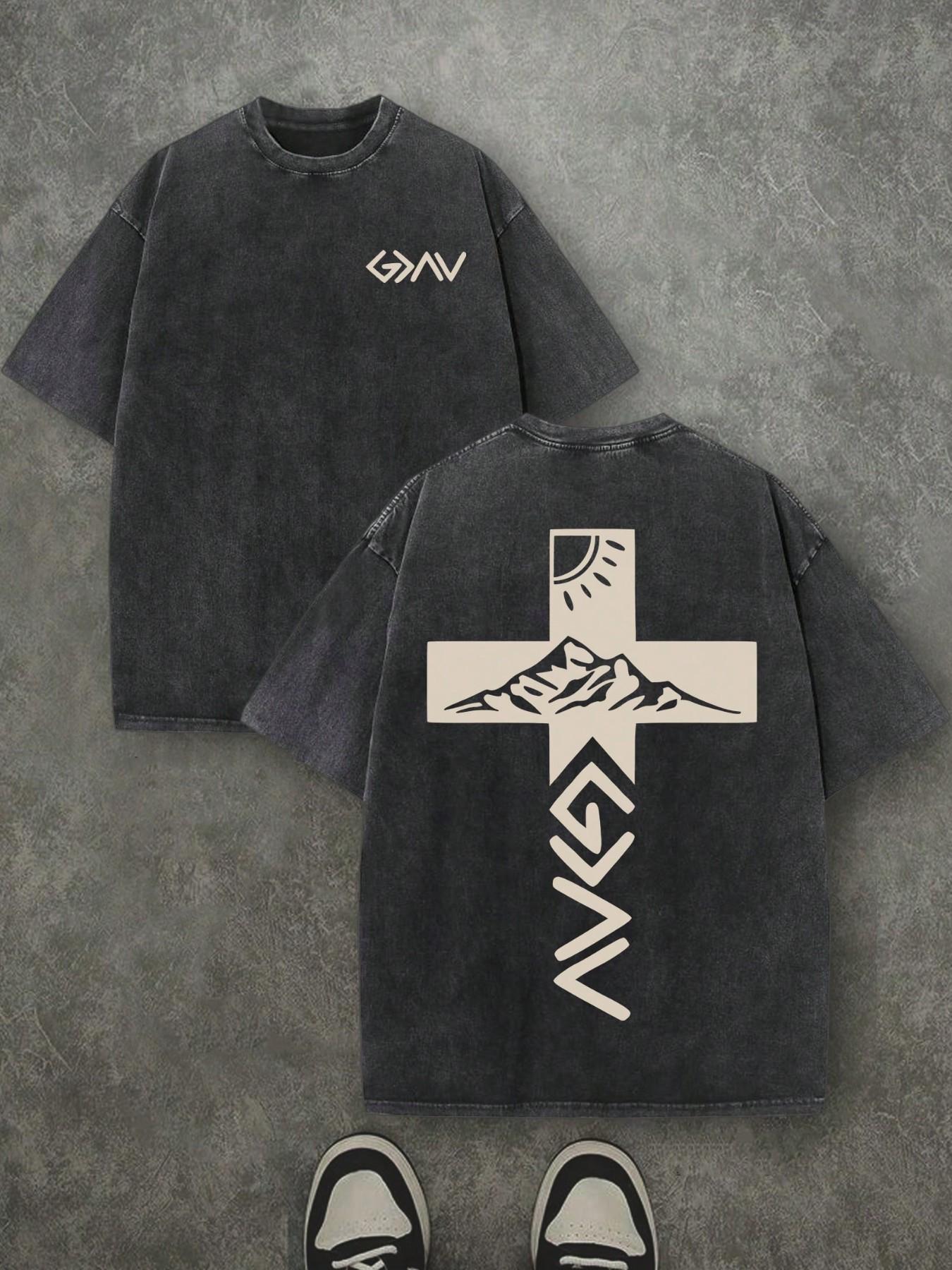 Vintage Washed Loose Fit T-Shirt, Dual-Sided Mountain Cross Print, Y2K Retro Street Style, Unisex Casual Top, All Seasons Wear