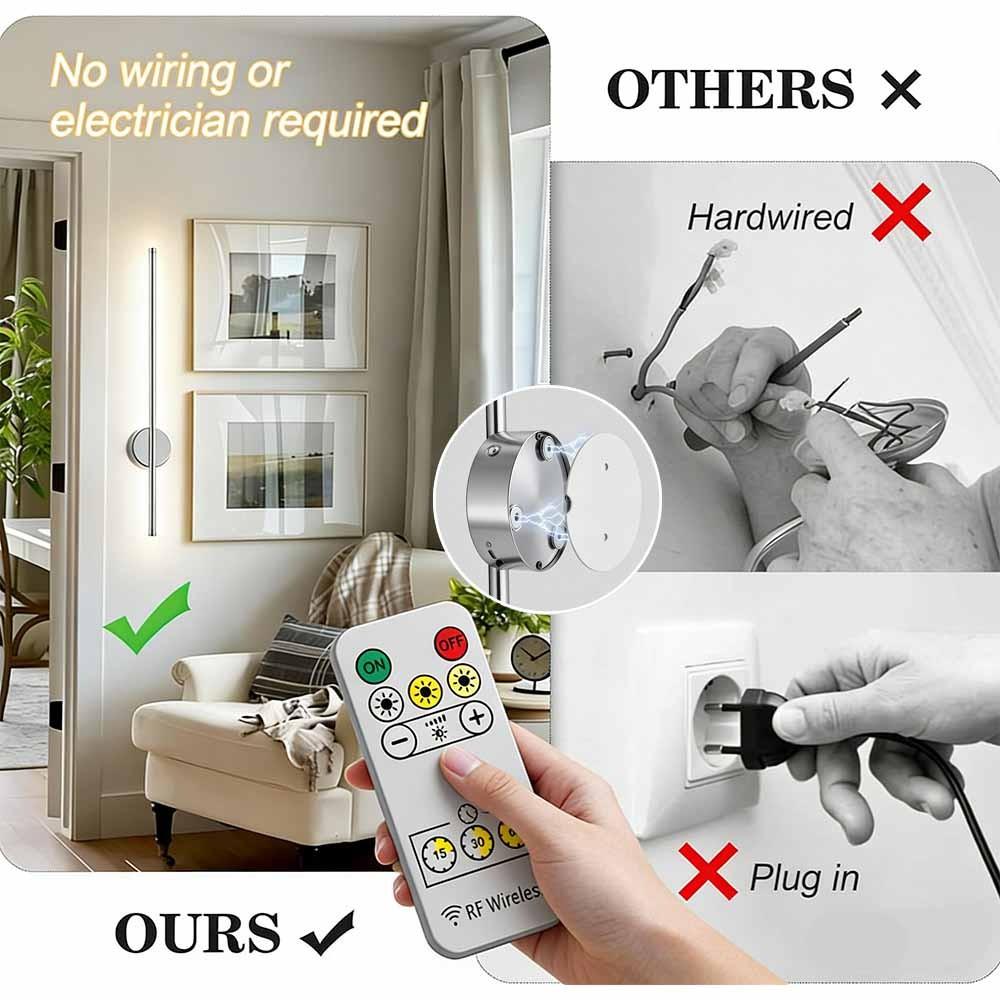 Modern LED Rechargeable Wall Light, Adjustable Wireless Wall Lamp with Remote, 3 Color Temperatures, 19.7 Inch Chrome Finish, Bedroom Living Room Hallway