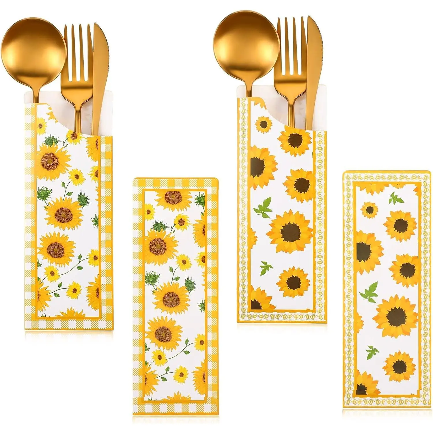 100 Pcs Sunflower Paper Silverware Bags Disposable Cutlery Holders for Wedding Party Supplies DecorationsGift