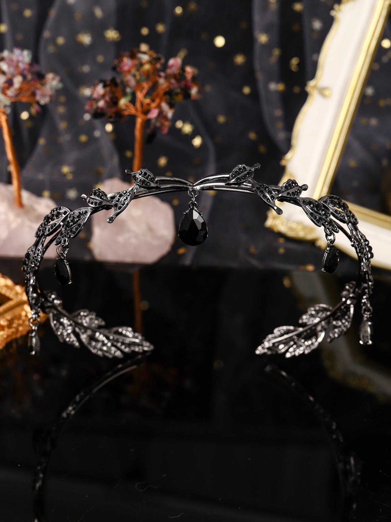 Vintage Creative Alloy Rhinestone Leaf Water Drop Pendant Headpiece Crown, Adjustable Bridal Party Accessory, Holiday Gift