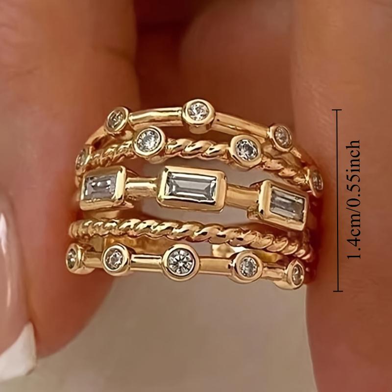 Women's 1PC Chunky Gold Wire-Wrapped Handmade Geometric Ring - French Retro Hammered Adjustable Size Open Cuff, Luxury Female Crystal-Accent Multi-Layer Stack Anti-Tarnish Statement Band, Viral Costume Jewelry for Wedding Banquet Gift