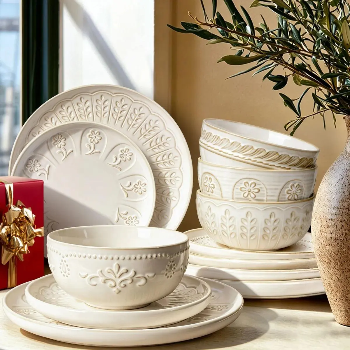 12-Piece Dinnerware Set for 4 - Reactive Glaze Food-Grade Everyday Tableware, Microwave, Dishwasher & Freezer Safe, Wedding Registry & Housewarming Gifts