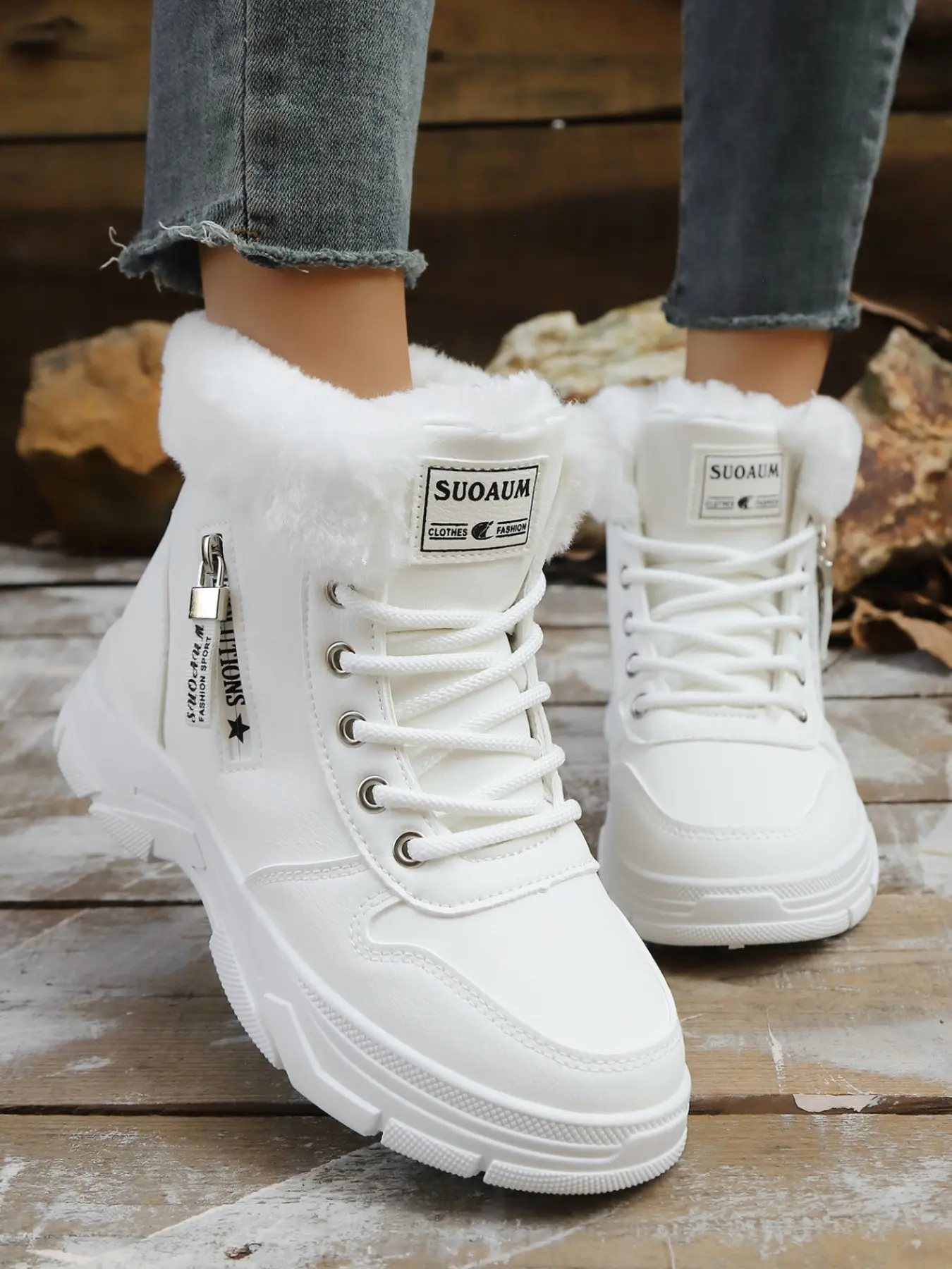 Women's Winter Snow Boots, Fleece Lined, Low Heel Tactical Short Boots, Anti-Slip Leather Design, Ideal for Cold Weather, Fluffy Snow Boots