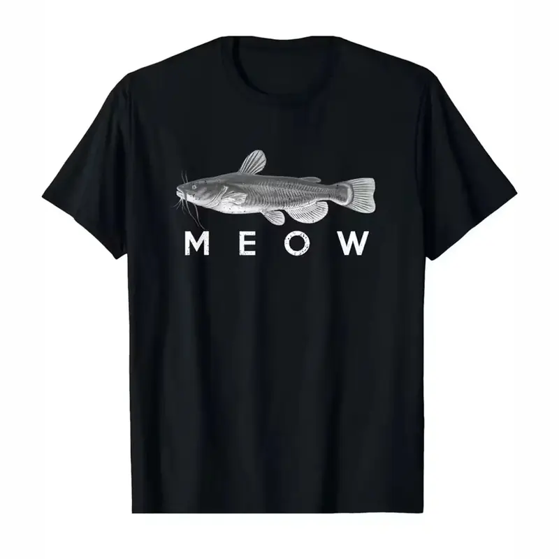 Men's Cotton Catfish Meow Funny Fishing Vintage Monochrome Graphic T-Shirt, Streetwear Top, L Size, Machine Washable