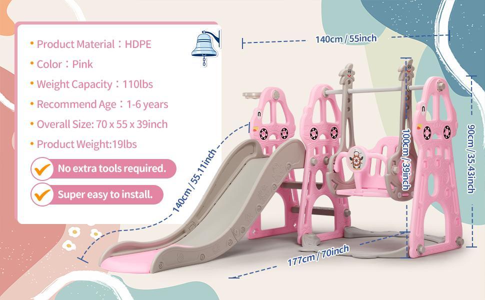 Rengue 4 in 1 Kids Slide and Swing Set, Indoor/Outdoor Playground for Toddlers 1-6 Kids Baby with Basketball Hoop, Climber Slide Toddlers Playset for Boys and Girls Backyard Playground