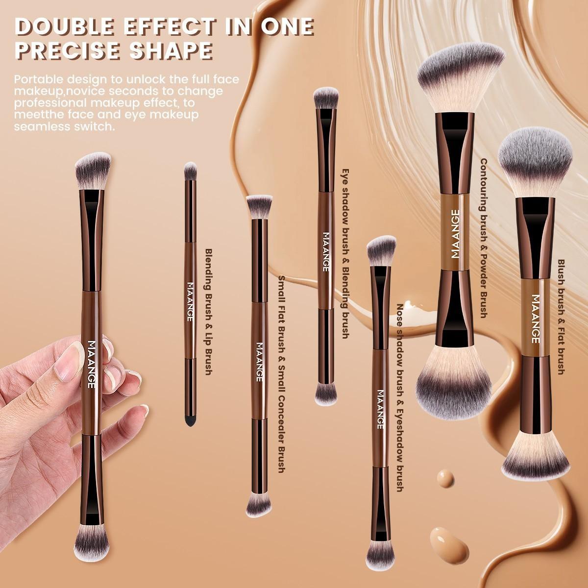 Maange 6-Piece Dual-Ended Makeup Brush Set, Foundation Brush, Blush Brush, Loose Powder Brush, Eyeshadow Brush, Ideal for Beginners