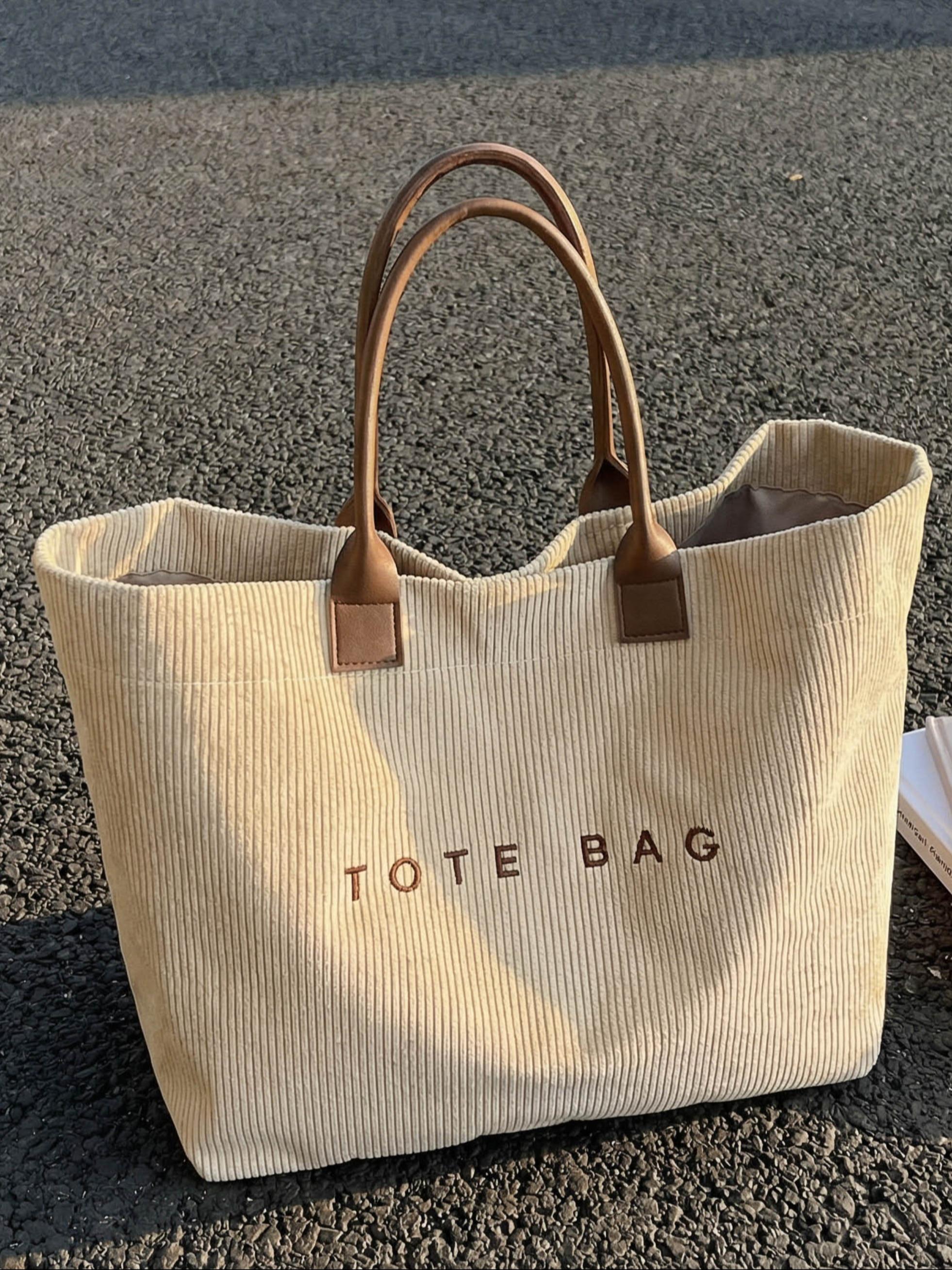 Large Capacity Corduroy Letter Design Handbag, Casual Fashion Shoulder Bag, Work & Daily Use, Everyday Bag, Stylish Tote Bag for Fall & Winter