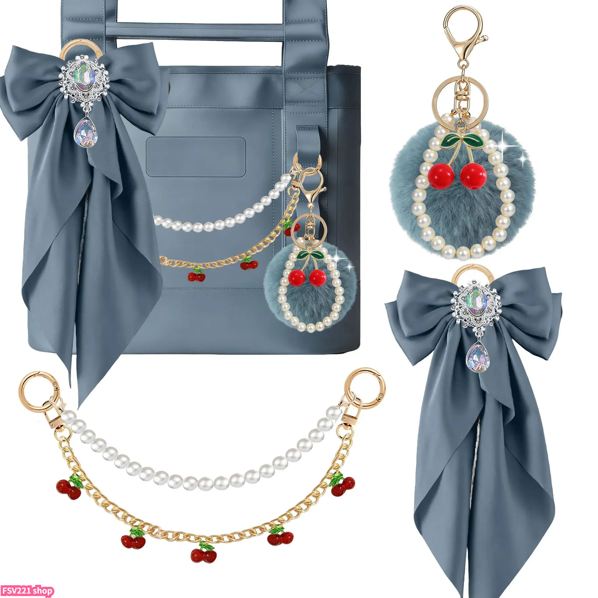 Cute 3-Piece Clip-On Charm Set with Safety Clasp - Gold-Tone Pearl Accents, Bow Detail, Extension Chain for Handbags, Totes