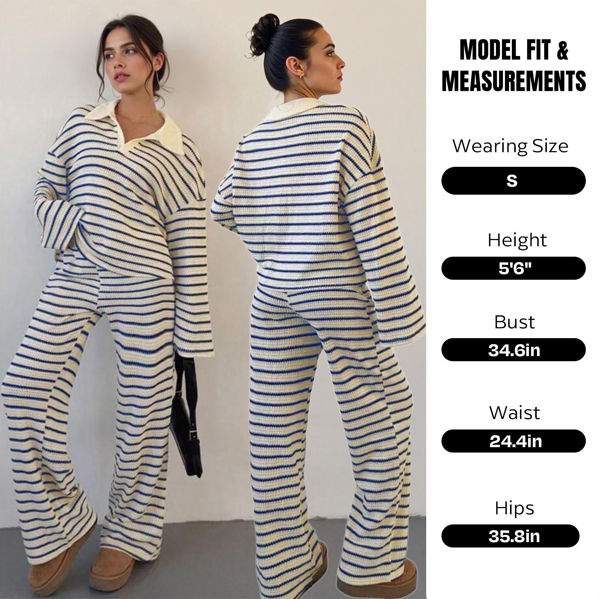 KatchMe Women's Casual Color Matching Stripe Long Sleeve Top & Wide Leg Trousers Co-ord, Soft V-Neck Loose Two Piece Outfits, Comfortable Womenswear