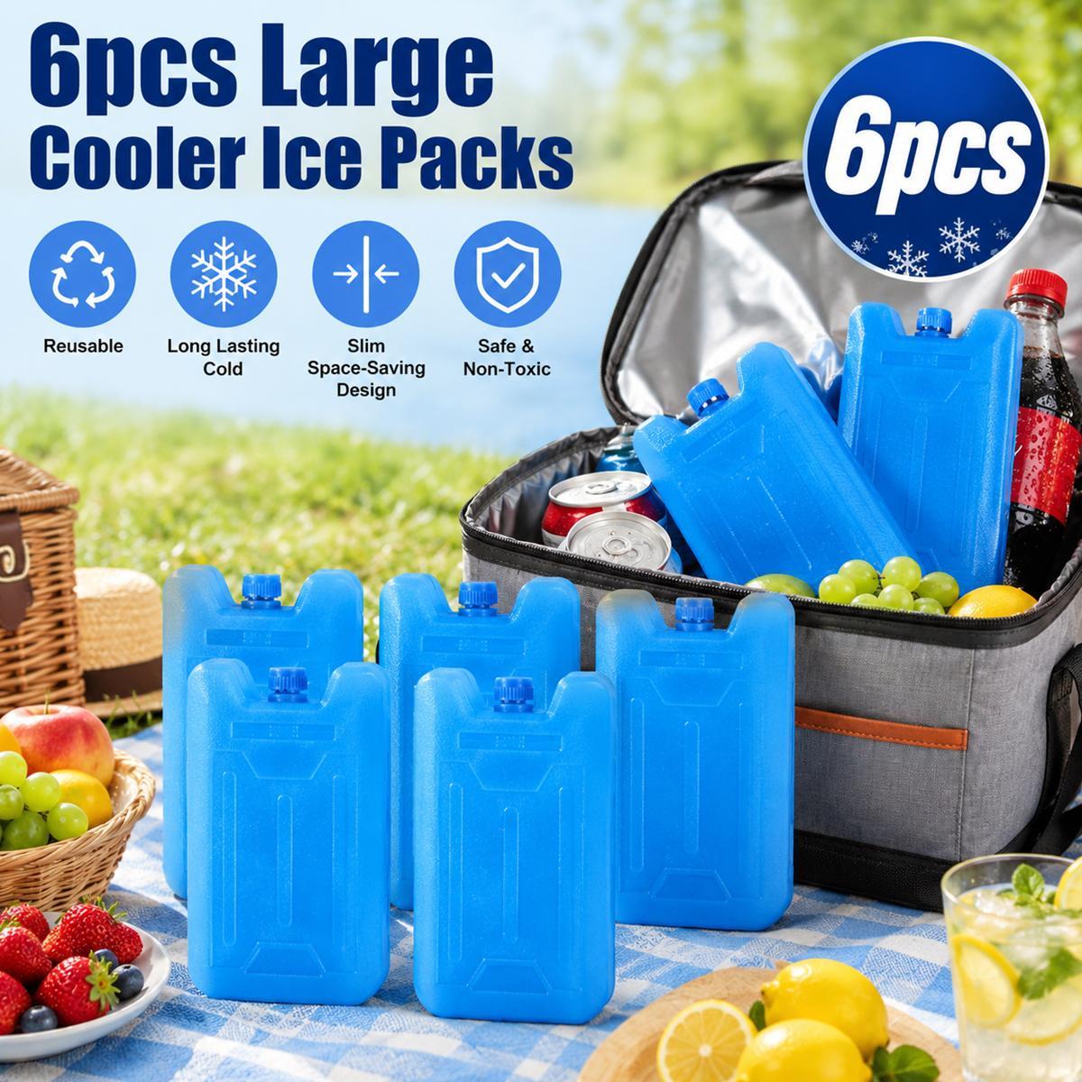 6pcs Cooler Ice Packs - Reusable (-5 C) Space-Saving Slim, Cold, Dry, Freezer Packs For Cooler Bags, Food Beverage, Refrigerator, Air Conditioner Fan, Lunch Boxes, Bento, Beach, Camp