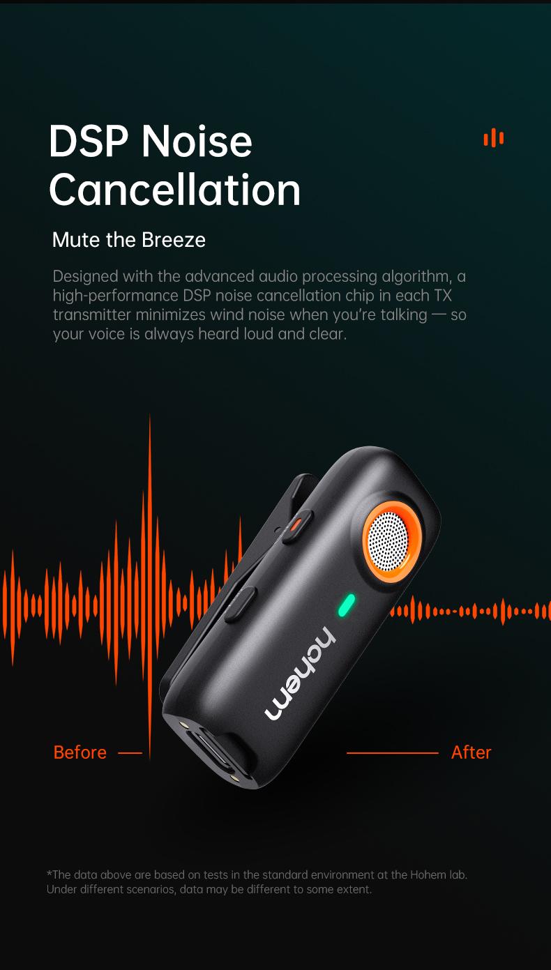 hohem MIC-01 Wireless Lavalier Microphone, DSP Noise Cancellation, 20-Hours Battery, Wireless Mircophone for Android, PC, Camera, Interview, Vlogs (1 TX + 1 RX ), Perfect with hohem iSteady M6/iSteady MT2/iSteady Mobile+ Audio  Microphone