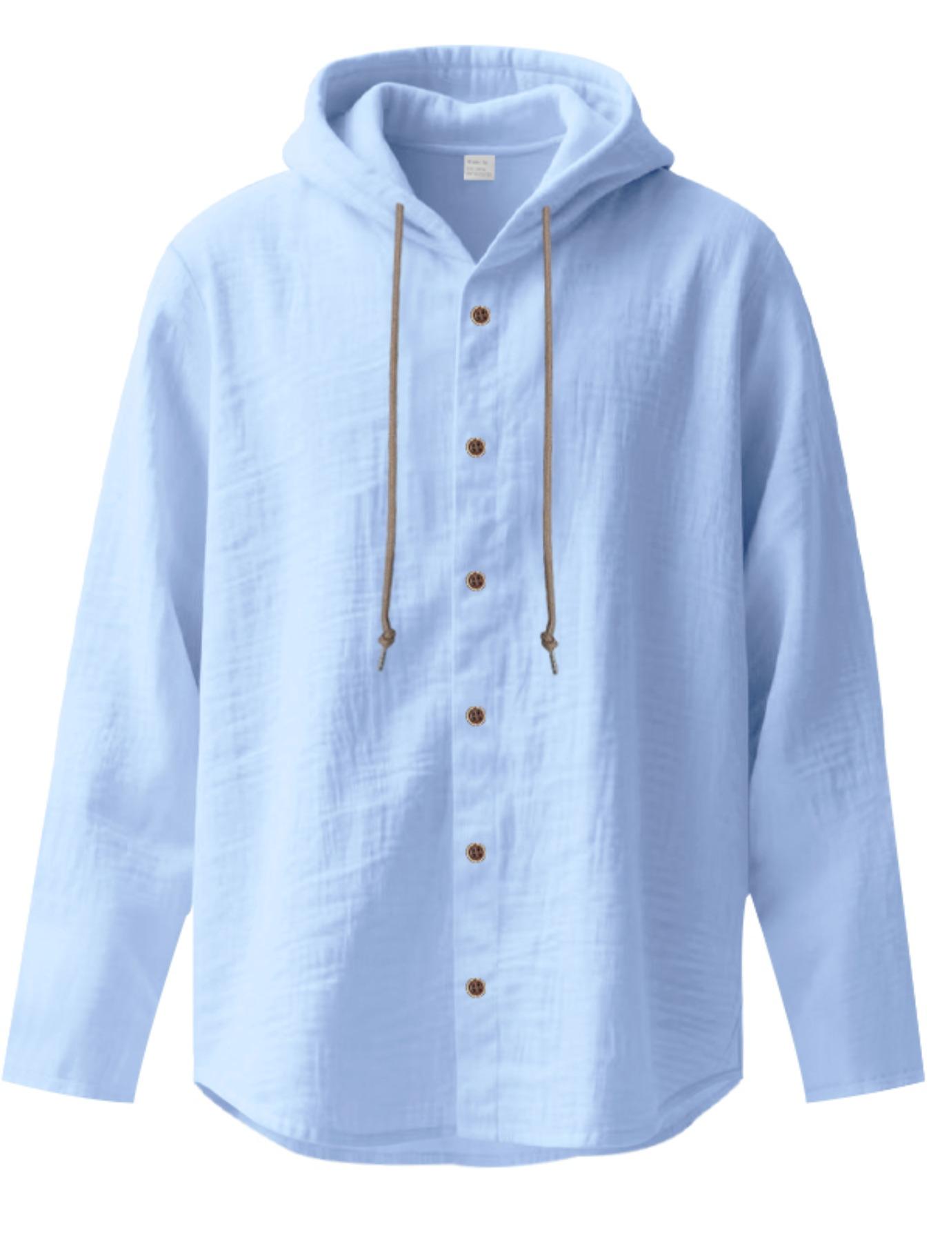 Hooded Linen Long Sleeve Shirt Jacket, Hawaiian Style Casual Loose Fit, Drawstring & Button Design, Spring & Fall Fashion, Beach Vacation Essential