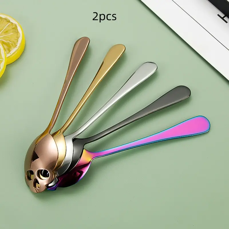 2 Piece Halloween Spoons, Stainless Steel Skull Hole Spoon, Multi-Functional Kitchen Spoon, Halloween Decorative Spoon, Dessert Spoon, Coffee Spoon