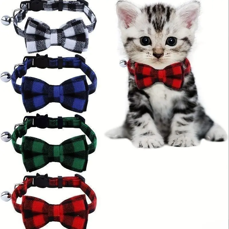 4Pcs Plaid Cat Collars with Bell & Bow, Adjustable 7.5-12 Inch Detachable Polyester Collars, Safe Release Buckle Comfort Accessories for Kittens and Small Dogs, One-Size