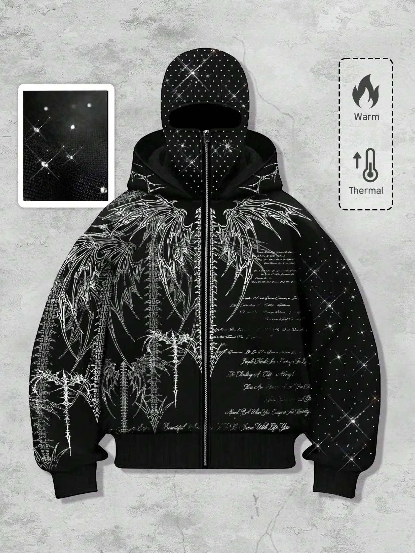 Y2K Dark Street Balaklafa One-Piece Windproof Face Mask Men's Cardigan Hooded Sweatshirt Headgear with Rhinestone Process, Thorn Demon Wings Lines, Handwritten Letter Print, Trendy Zipper Sweatshirt, Retro Street Unisex Zipper Jacket Windproof Hooded Tops