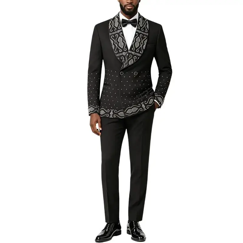 Men's 2-Piece Slim Fit Suit Set - Drapey 2-Button Polyester Tuxedo with Beaded Paisley Shawl Lapel Blazer, Long Sleeves, V-Neck for Wedding, Party Menswear, Drape