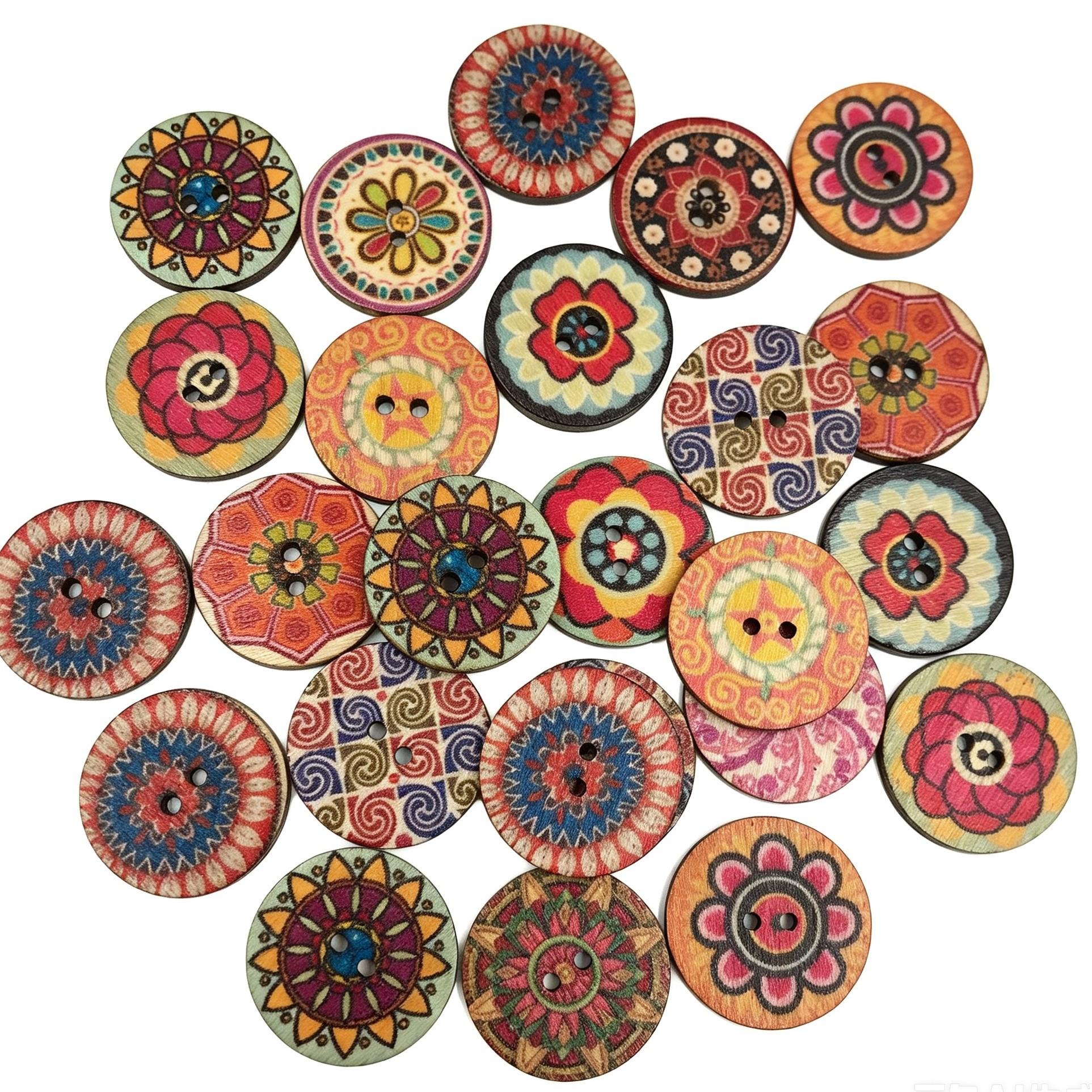 Bohemian Wood Buttons 50pcs, Vintage Floral Print, Handmade DIY Crafts, Home Decor, Jewelry Making, Scrapbooking, Wall Art