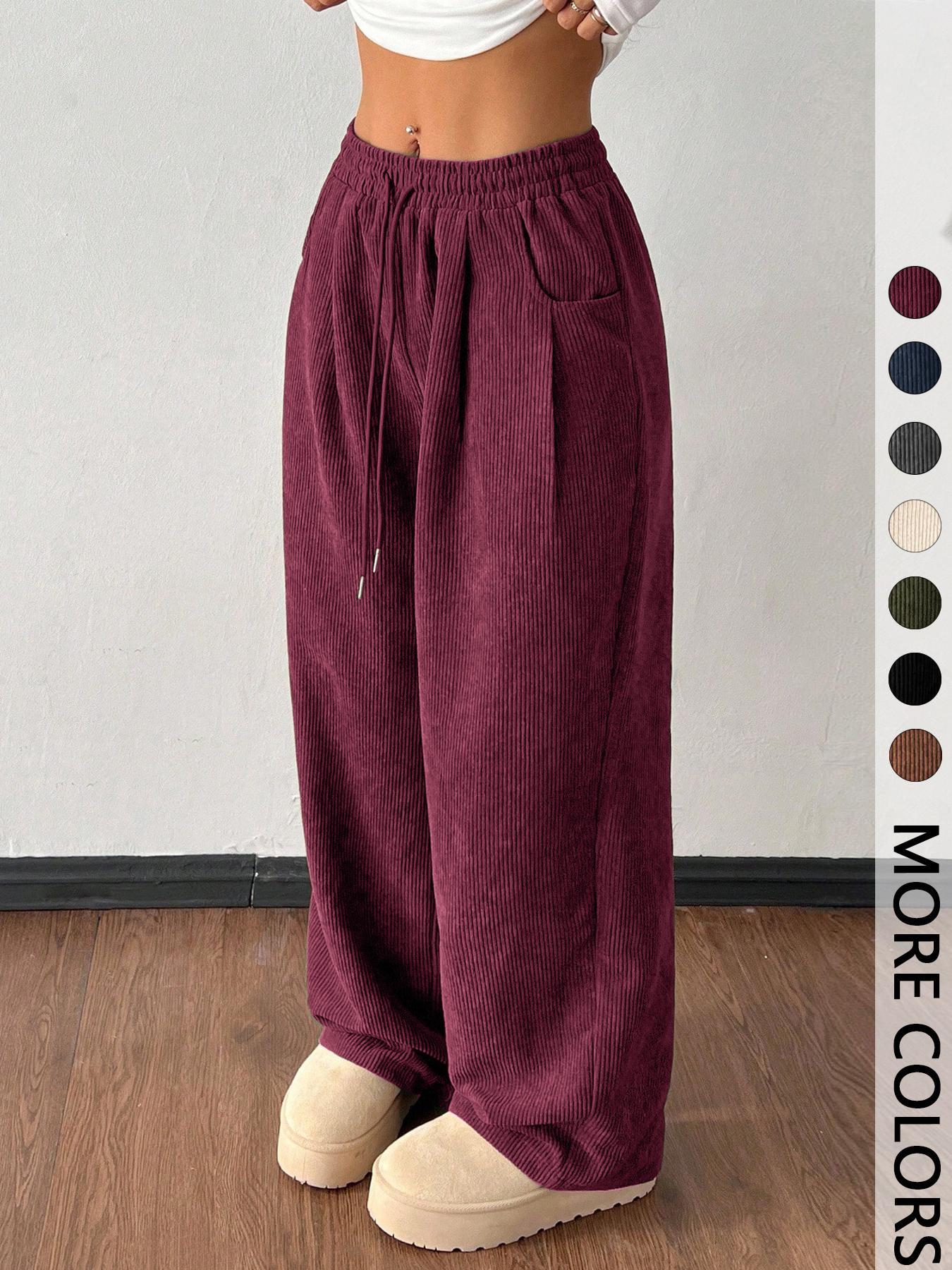 Women's Vintage Loose-Fitting Solid Corduroy Drawstring Pants, Casual All-Season Straight Leg Trousers for Autumn & Winter Valentine's Day