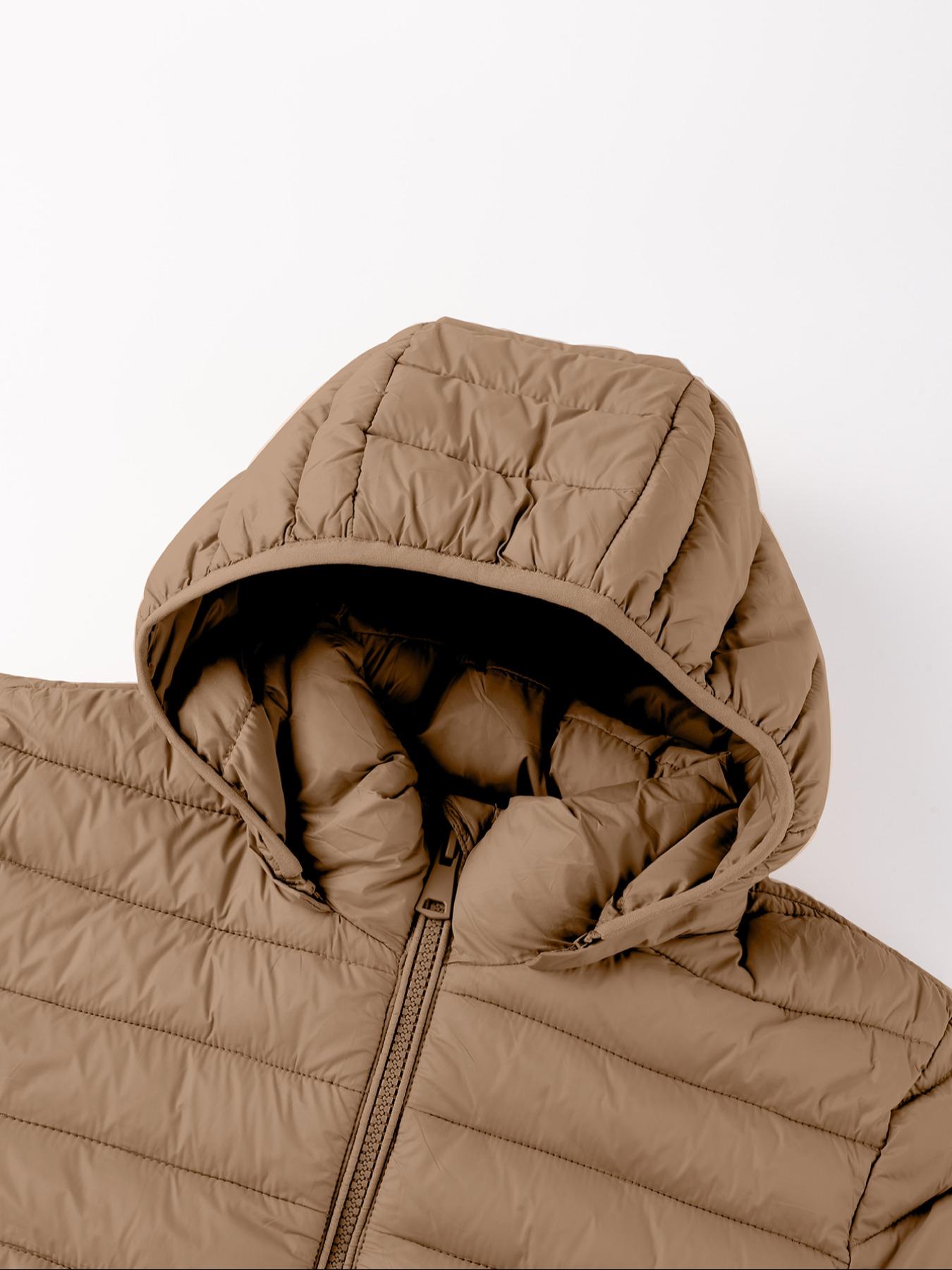 Women's Mid-Length pufferHooded Jacket with Zipper Pockets, Casual Plain Woven Fabric Coat for Fall & Winter Outdoor Commuting