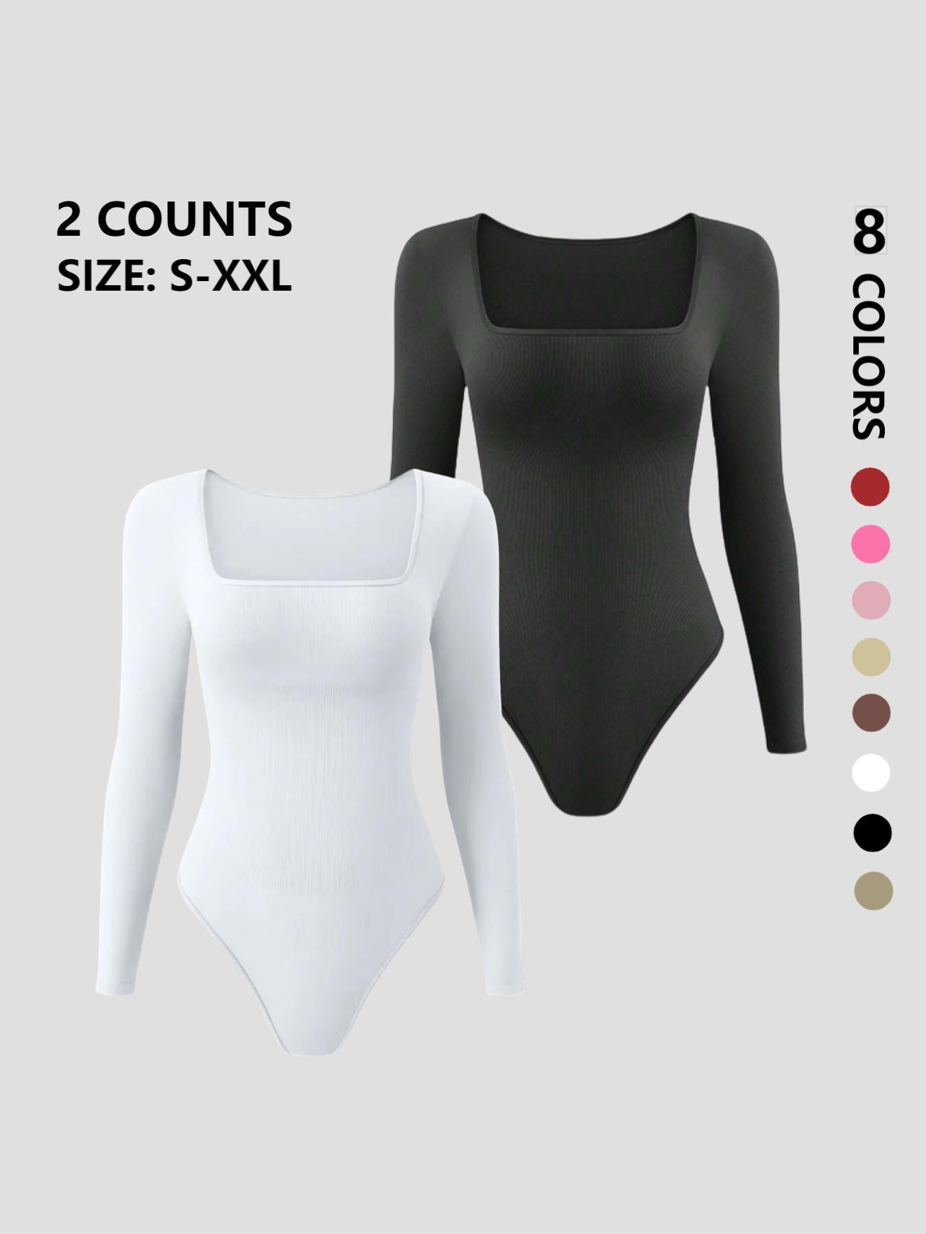 Women's solid knit long sleeve square neck shapewear bodysuit, slim fit, stretchy fabric, tummy control, Tummy Tuck Bodysuit, butt lifting design, comfortable breathable shaping wear, curve enhancer, perfect for daily casual, work, dates, parties