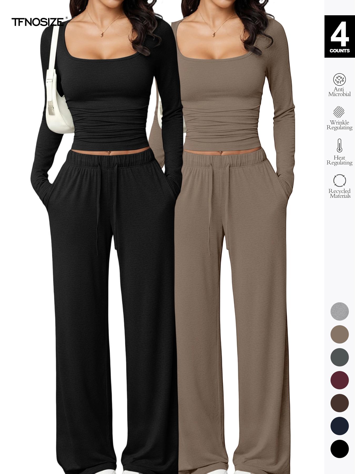 Women's Long Sleeve Square Neck Loungewear Set, Casual Loose Fit Home Wear, All Seasons Comfortable Fabric, 2026 New Arrival