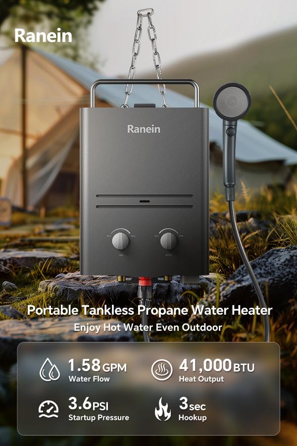 Ranein Compact Foldable Gas-Powered Instant Heat Tankless Water Heater, 6L 1.58 GPM Multi-Modes Portable Propane Unit for Outdoor Users, Grey RO4KY