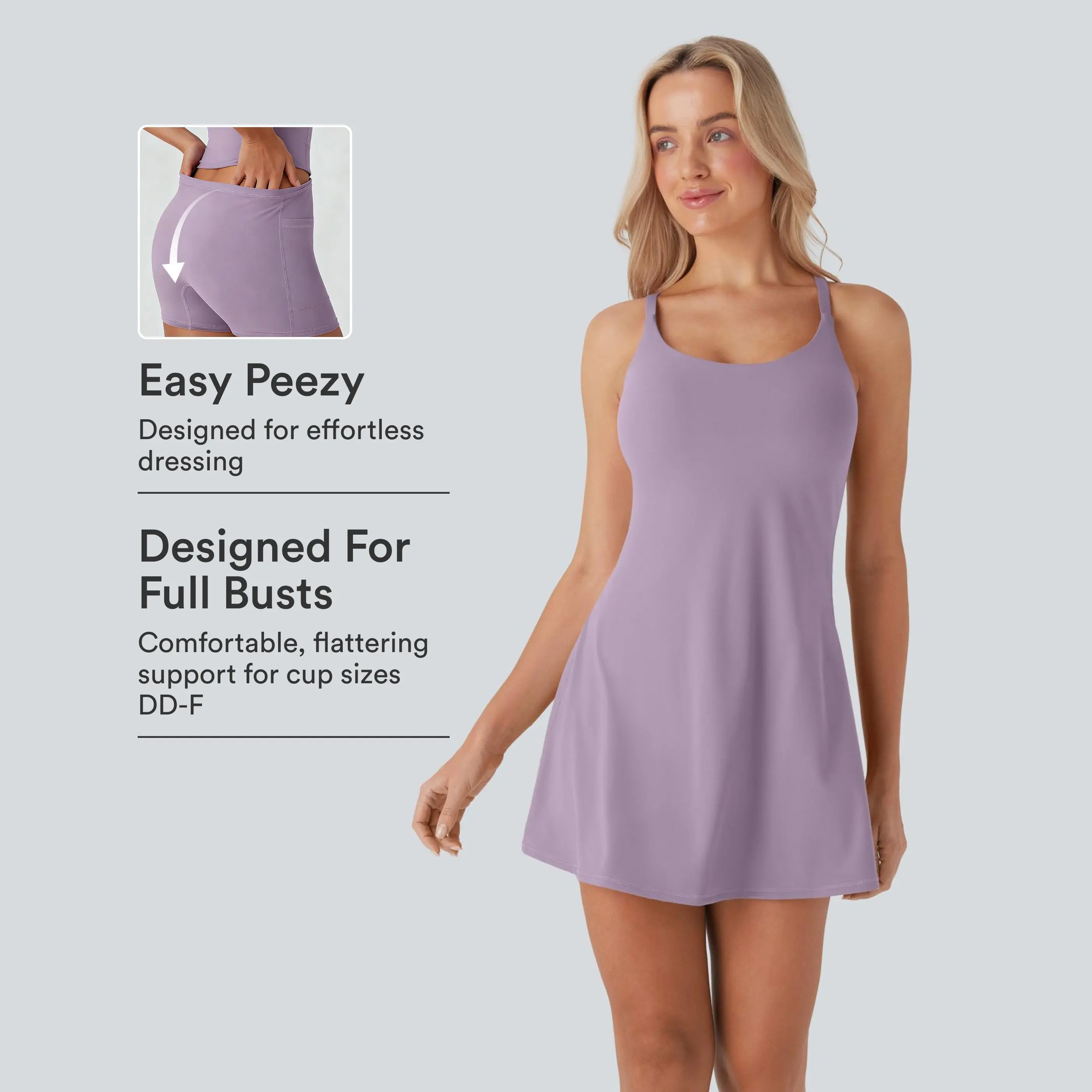 Halara Softlyzero™ Plush Molded Cups Adjustable Strap Backless Dance Active Dress-Easy Peezy Edition-D/DD/DDD/F Cups