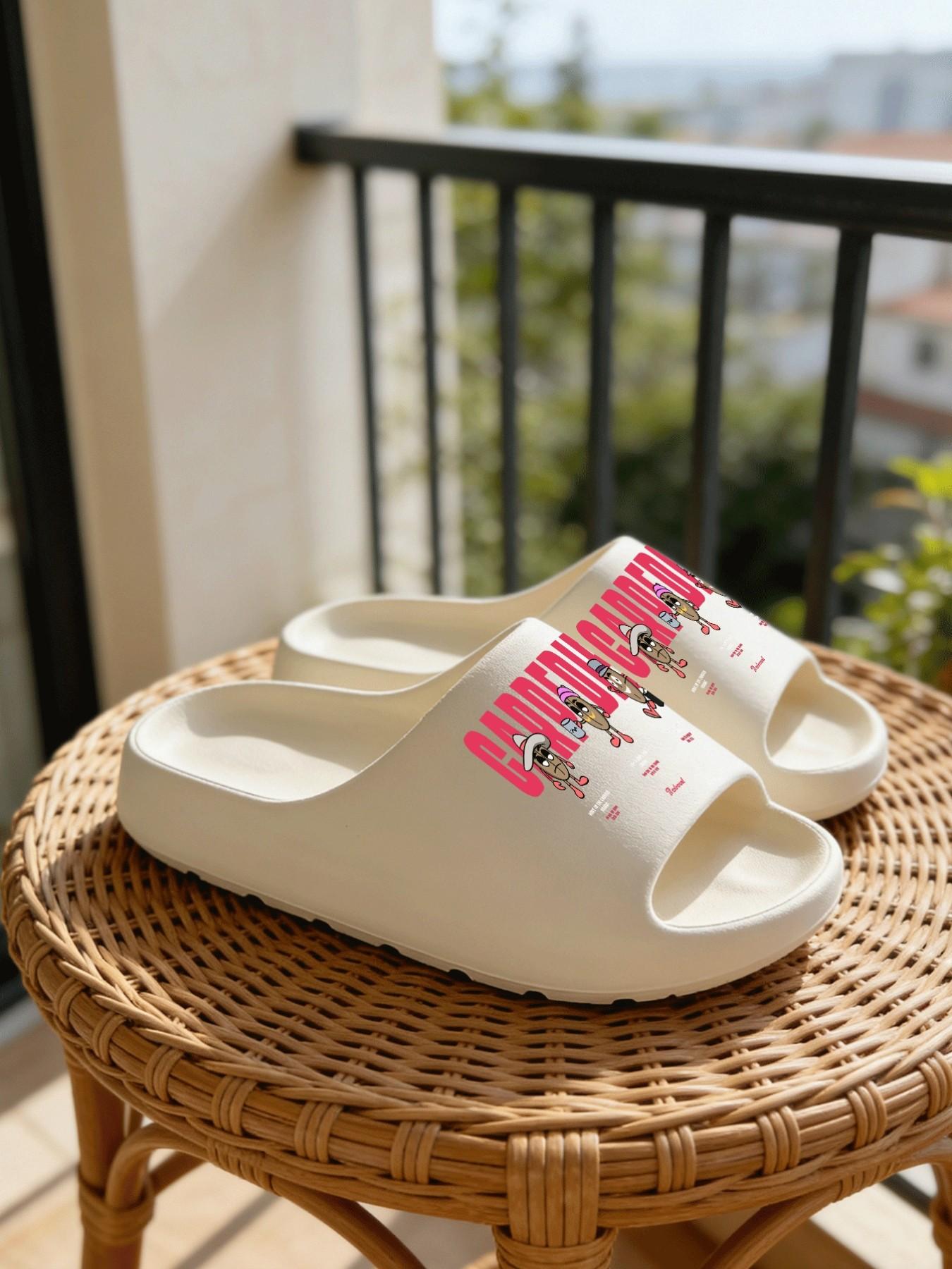 1 Pair Cartoon Ice Cream Girl Letter Printed Thick Sole Slippers, Sweet Cool Girl Style, Non-slip Soft Sole, Indoor & Outdoor Dual-use, Open Toe Slides, Casual Slippers