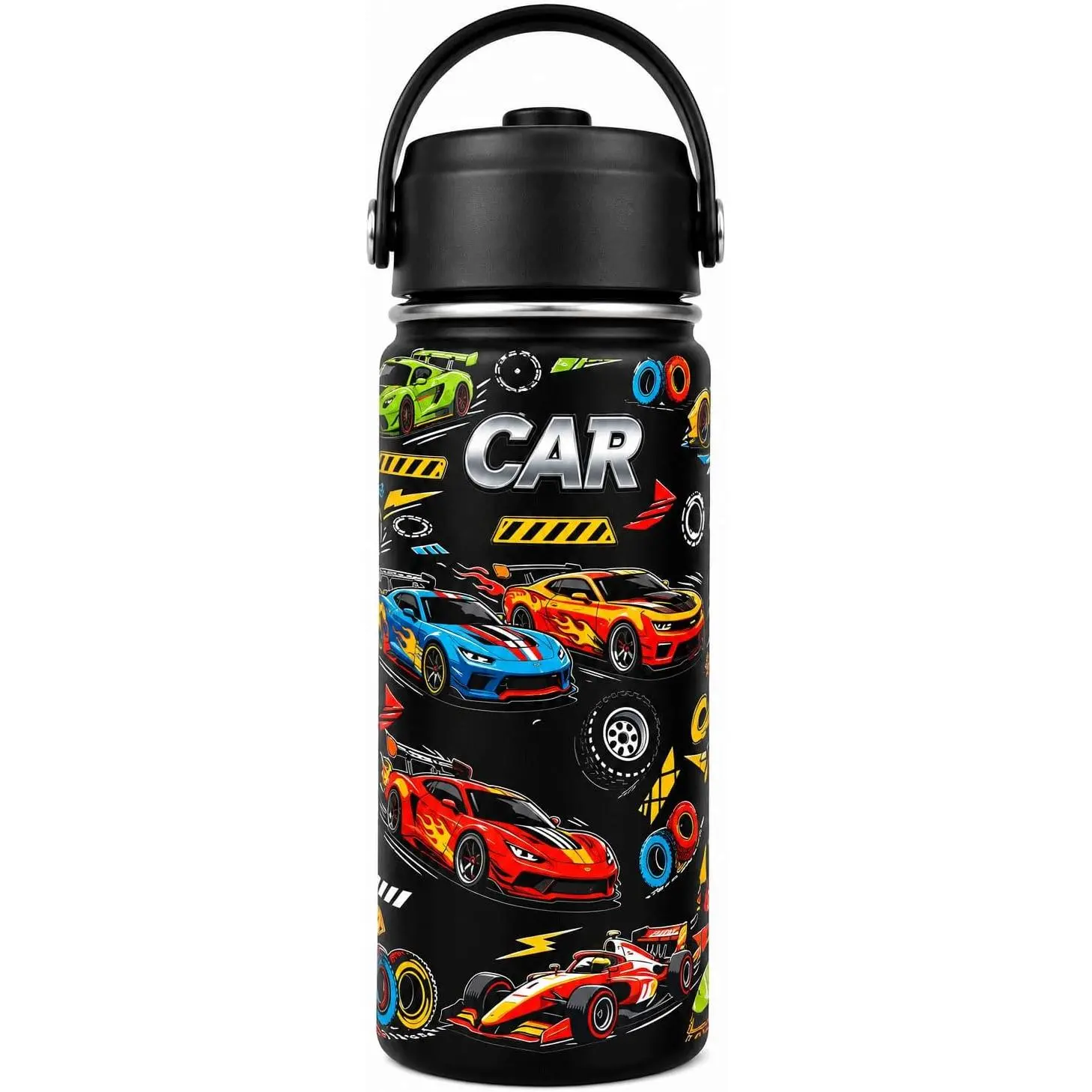 16oz Race Car Water Bottle for Boys - Stainless Steel Insulated Kids Cup with Leakproof Straw Lid, School Sports Travel Thermos, Birthday Gift