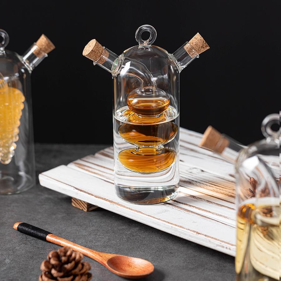 2-In-1 Glass Olive Oil & Vinegar Dispenser with Cork Stopper, Transparent Kitchen Cooking Container, Dual Nozzle Design, Kitchen Essentials