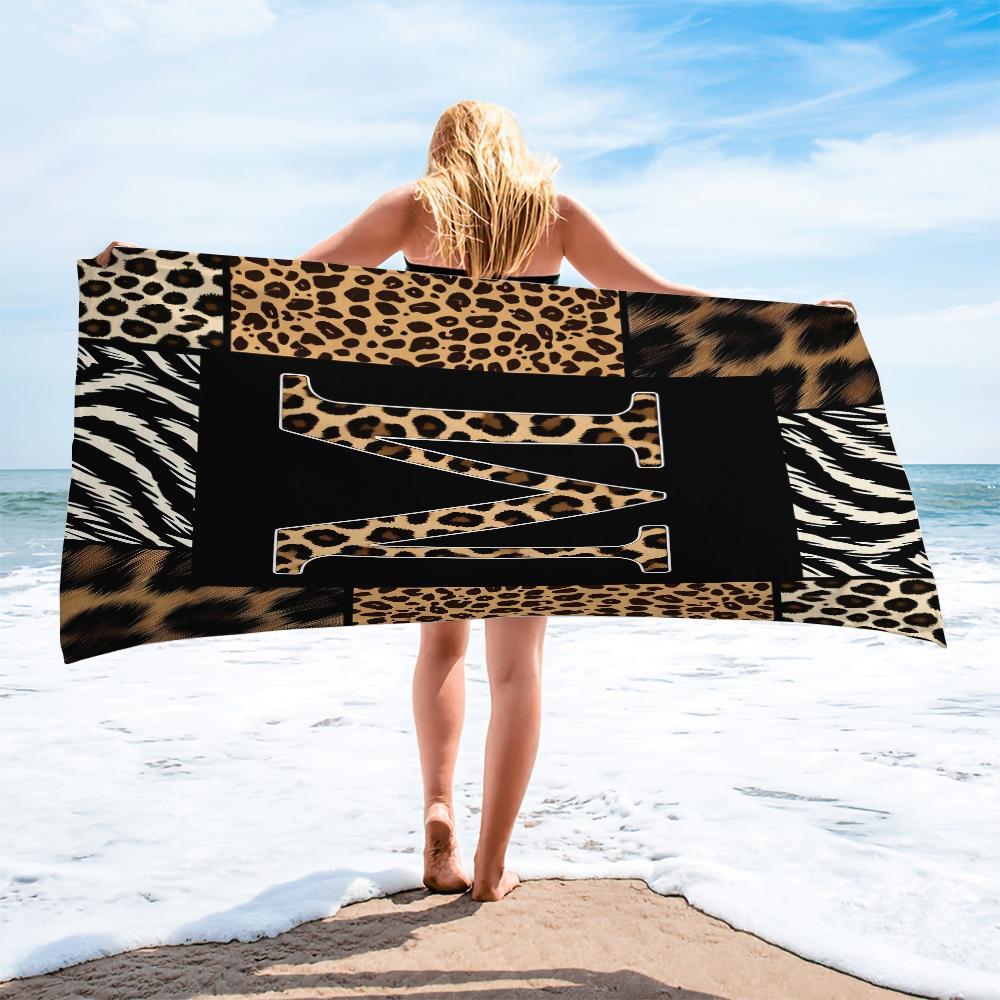 Luxe Animal Print Letter A-Z Beach Towel, Leopard Zebra Patchwork Pool Towel, Wild Safari Camping Towel, Soft Absorbent Bath Towel Blanket for Women Teens Girls, All-Purpose Towel for Travel Swimming Vacation