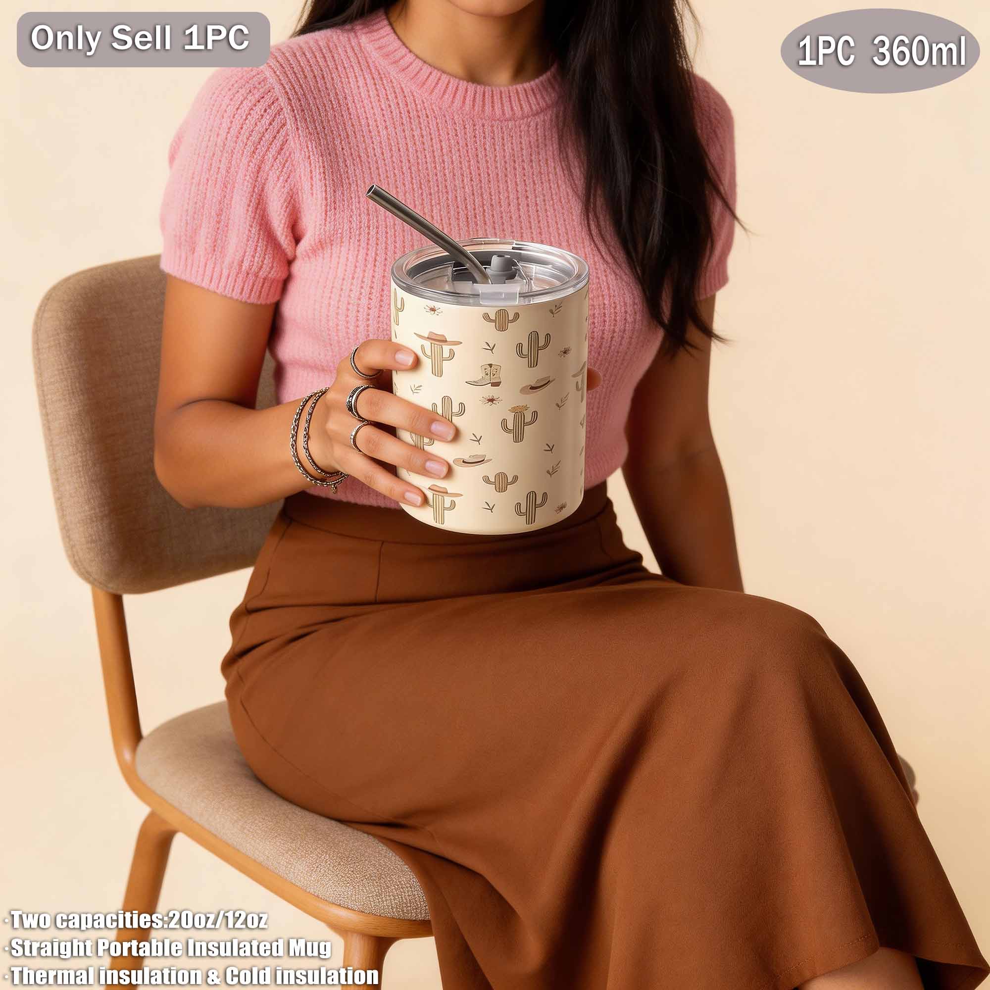 Cactus Pattern Dual-Layer Stainless Steel Insulated Cup, 360ML-600ML, Vacuum Bottle, Travel Mug, Gift for Holidays and Birthdays