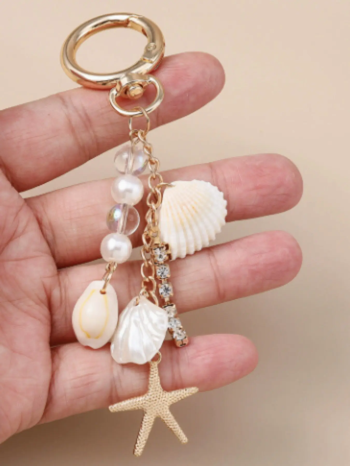 Ocean Theme Keychain Set, Pearl Starfish Shell Charms, Friendship Gift, Neutral Backpack Car Key Accessory, Dreamy Dark Y2K Aesthetic