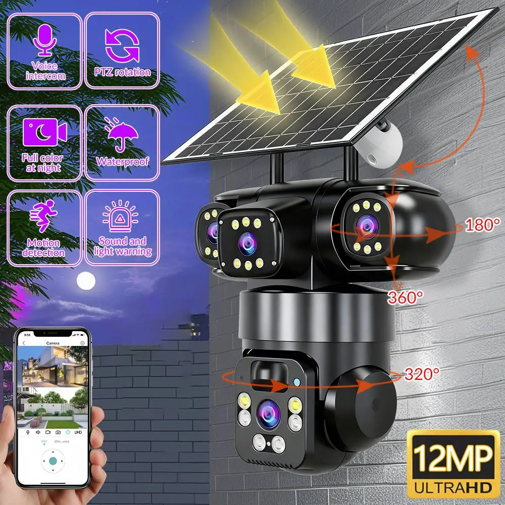 【Toolupgrade】Wireless Outdoor Security Camera - 3-Lens, 6K 9MP, 360 PTZ WiFi Camera with 10X Zoom, IP66 Waterproof, Color Night Vision, 2-Way Talk, Motion Tracking, Electronic Speaker, Microphone, Local Storage, Cable-Included, Valentine’s Day Gift