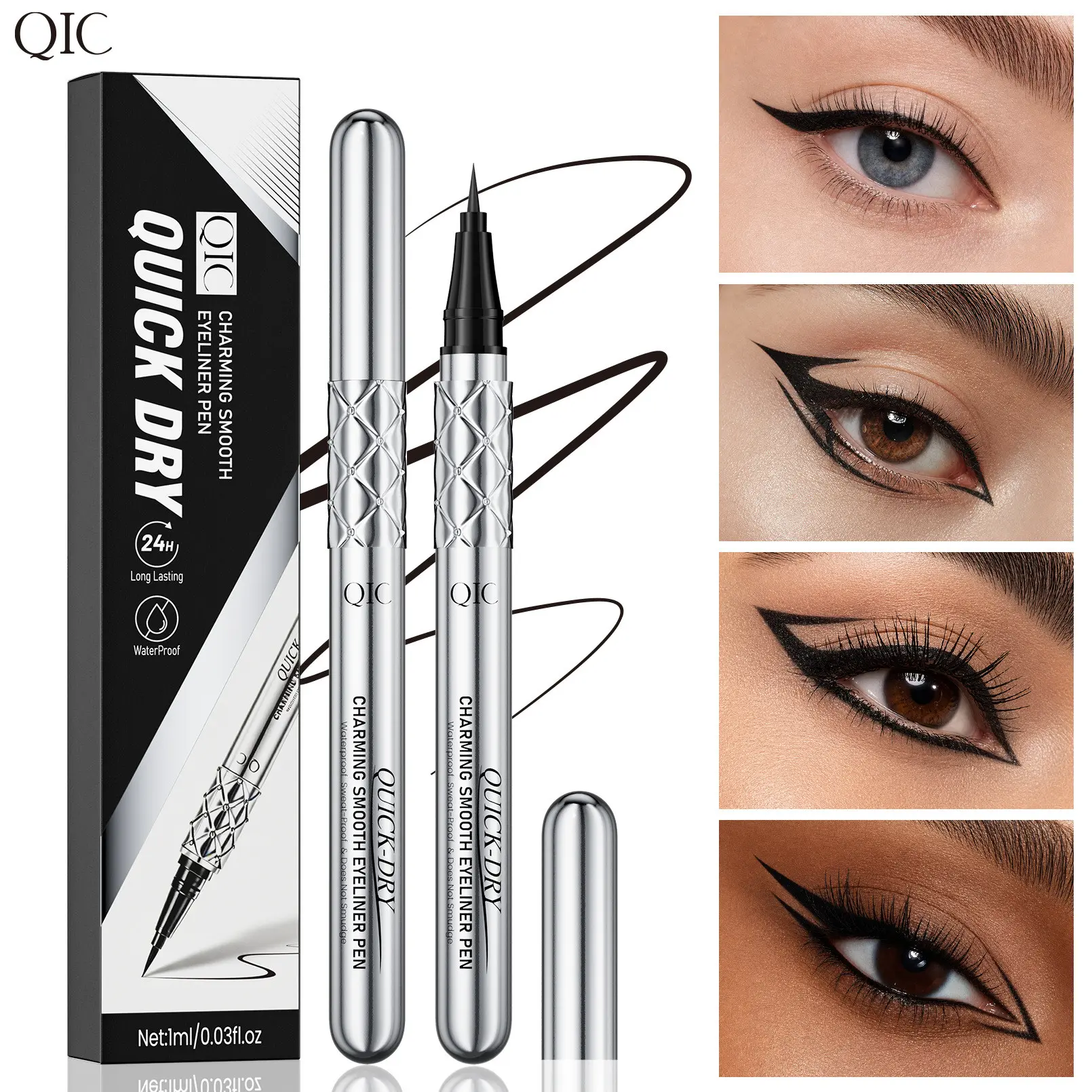 Qic Silver Color Eyeliner Liquid Pen, Ultra-Fine Tip, Waterproof & Smudge-Proof, Long-Lasting, Ideal for Beginners, Eye Makeup Tool