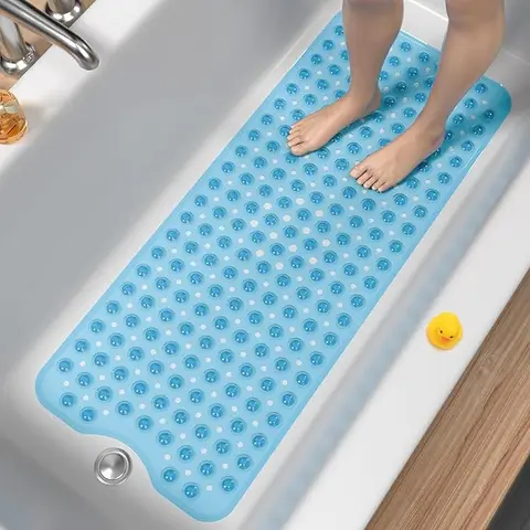PVC Bath Mat for Tub, 40x16 in Cushioned Anti-Skid Grip Modern Bathroom Decor, Extra Long Soft Pebble Texture, Machine Washable, Wash-Clean Easy, Easy to Clean, Fast-Drying Drainable, Strong Suction Cups for Dorms (Blue, Clear, Light Gray, Black)