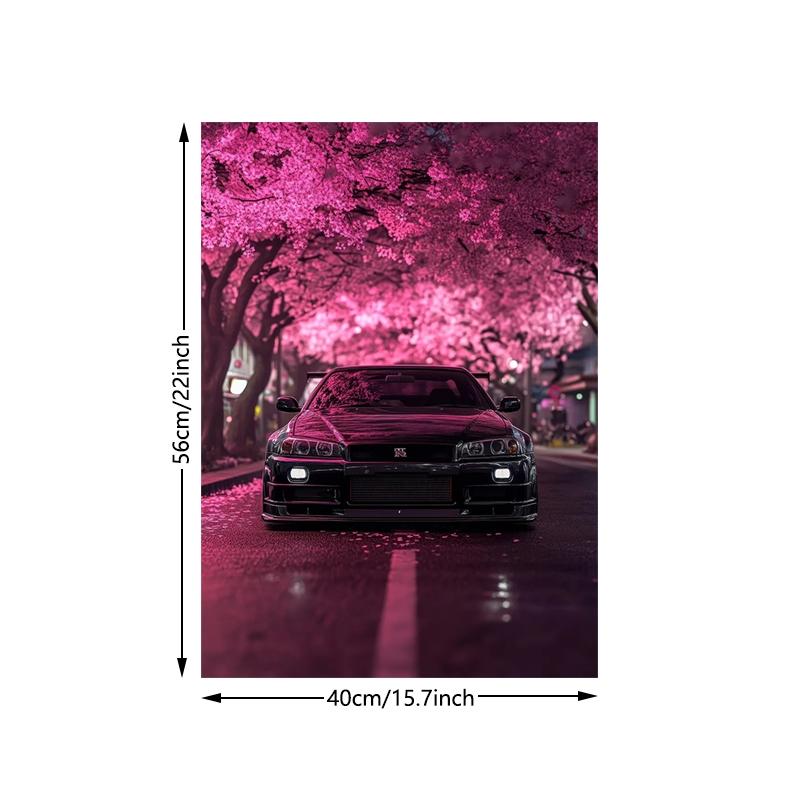 frameless canvas art print posters, Art Work For Wall Decor, realistic vehicle art, classic Japanese sports car R34 Under Cherry Blossoms, perfect gift for JDM vintage car enthusiasts, ideal gift for bedroom, living room,dormitory hallway, wall decoration
