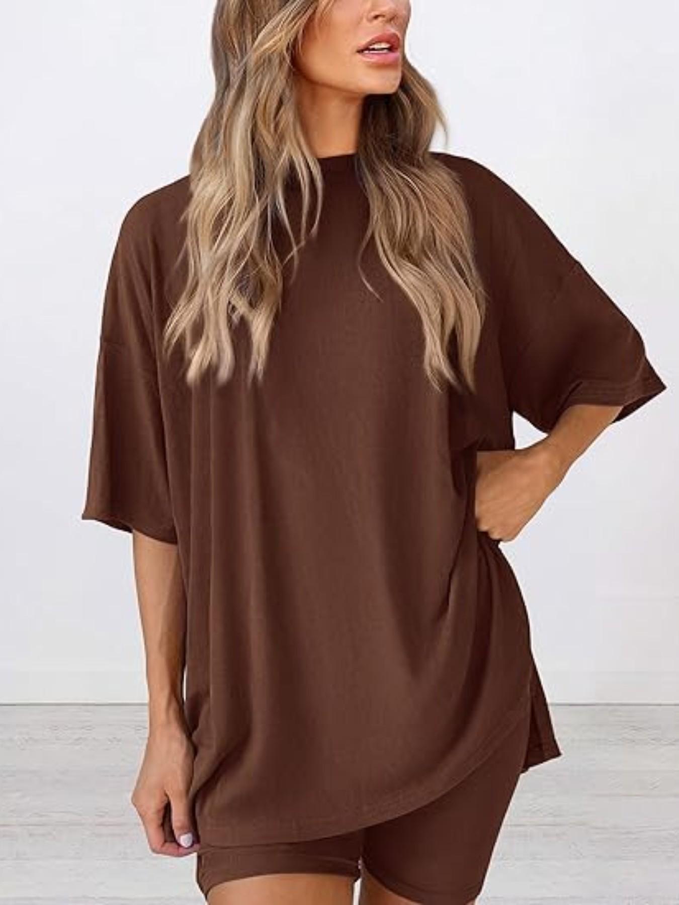 Women's Solid Color T-Shirt and Tight Shorts Set, Summer Comfort Round Neck Pajamas Loungewear, Nightwear, Pocket Design, Suitable for Outdoor Wear
