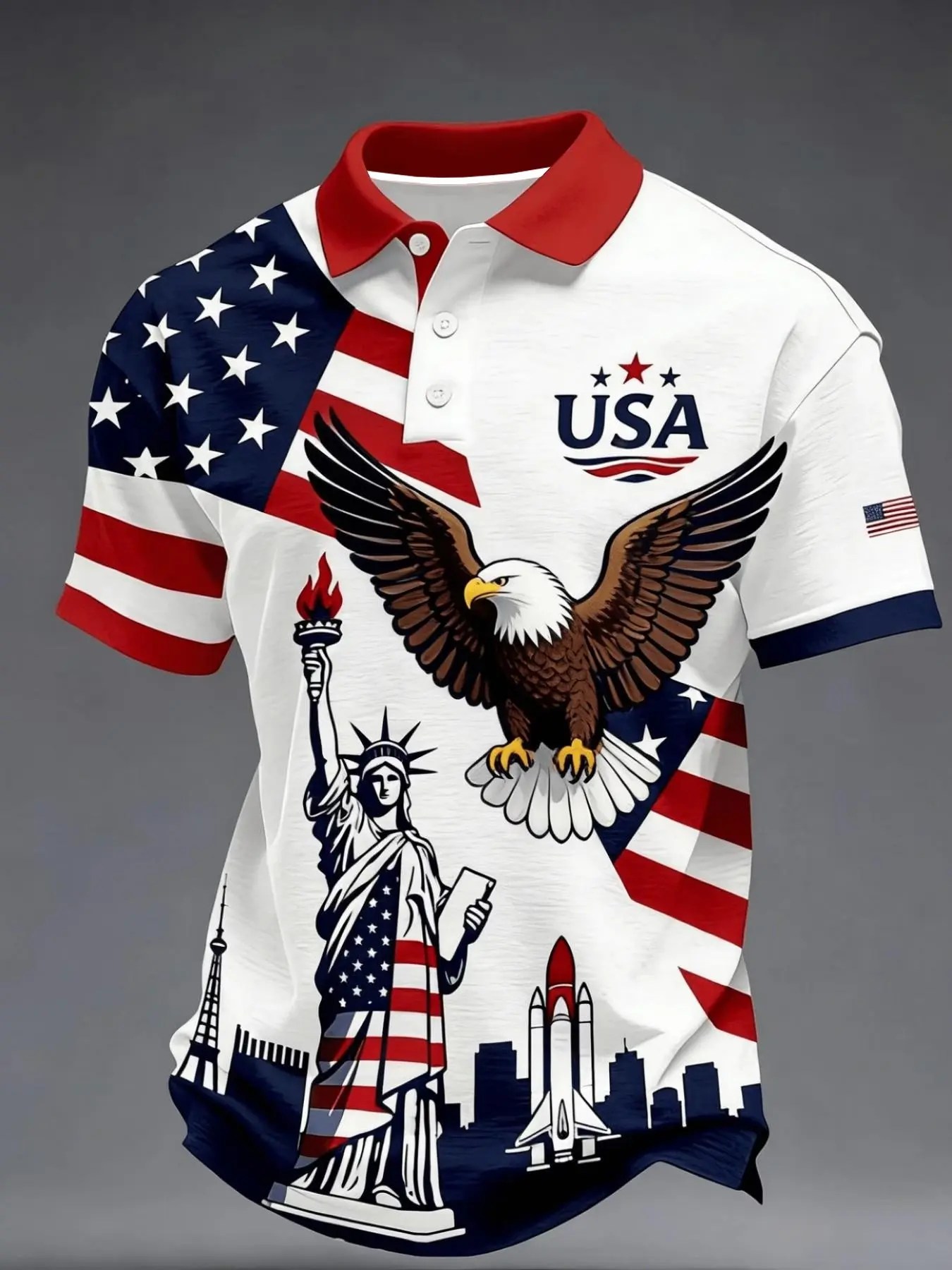 Summer Gift for Men, Usa Flag Eagle Print Short Sleeve Patriotic Polo Shirt, American Patriotic Theme, Casual Fitted Top, Graphic Polo Shirts