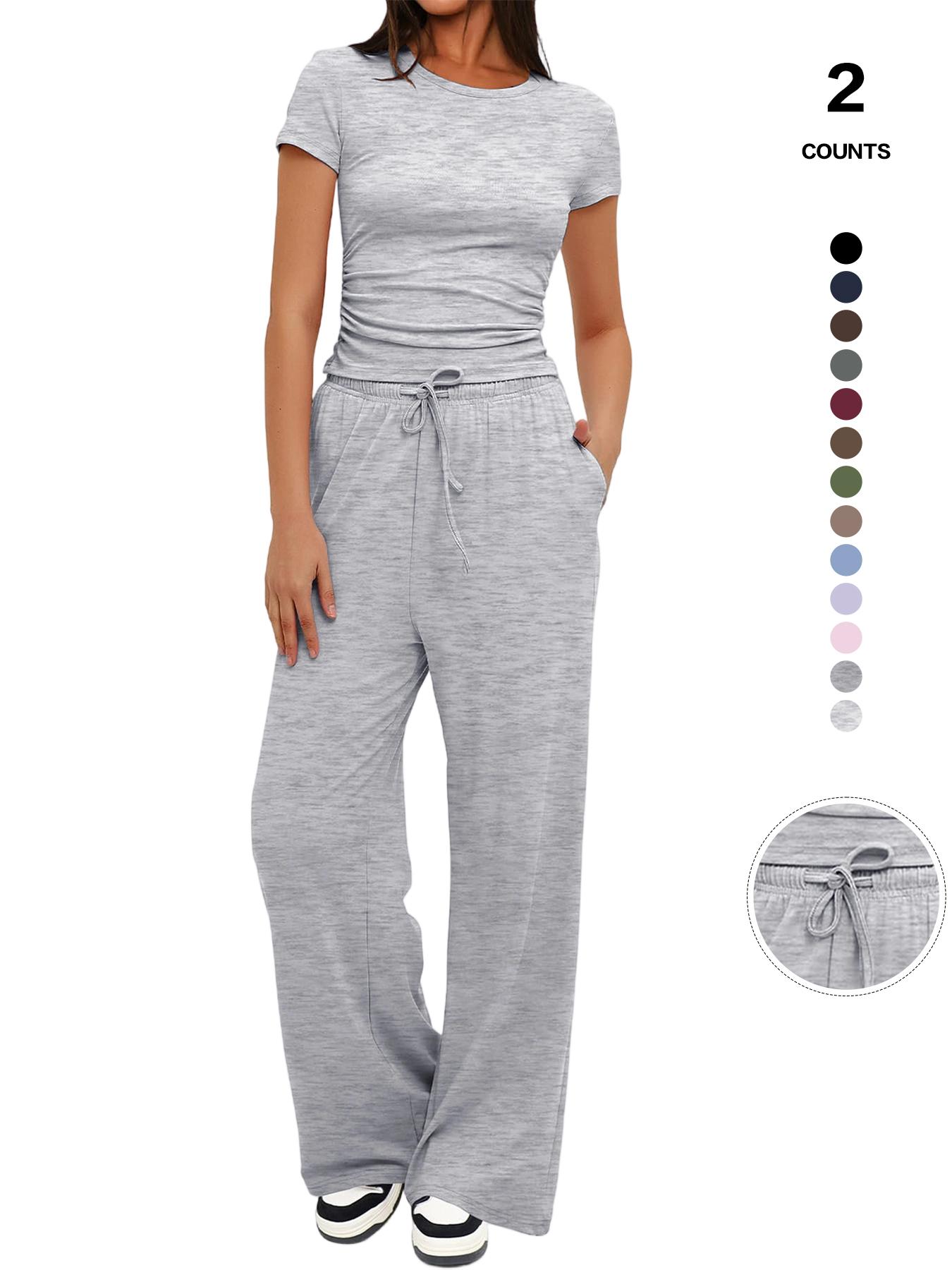 Women's Spring Summer Casual Chic Set, Round Neck Short Sleeve Top & Wide Leg Pants, Slim Fit Home Wear, 2 Piece, Ruched Design, Drawstring