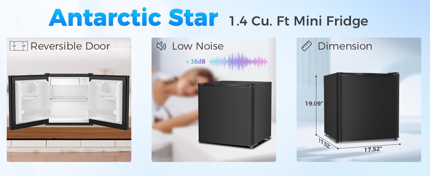 Antarctic Star Compact Refrigerator Mini Fridge with Freezer, Single Reversible Door, Dorm Fridge, Removable Glass Shelf, Defrost Button, for Bedroom, Office, Garage, 1.4 Cu. Ft, Black